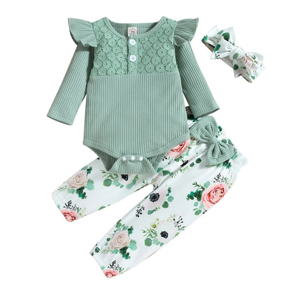 Barboteuse à manches longues et rayures en triangle avec imprimé floral et pantalon pour bébé fille