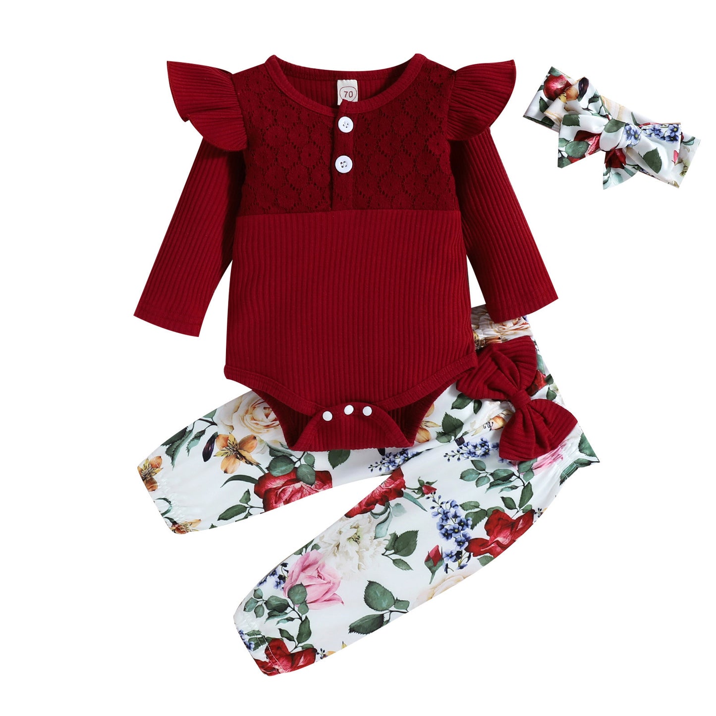 Barboteuse à manches longues et rayures en triangle avec imprimé floral et pantalon pour bébé fille